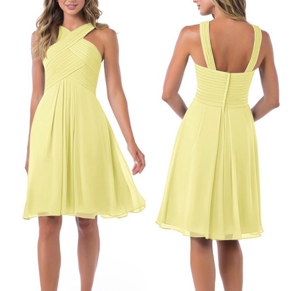 AZAZIE AMANI DAFFODIL YELLOW PLEATED CHIFFON HALTER KNEE LENGTH BRIDESMAID DRESS